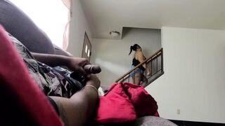 Bros Gf Walks Dwn Stairs N Catch Me Jerkin Off Then Watches Me Then Cum Finish In Her Mouth
